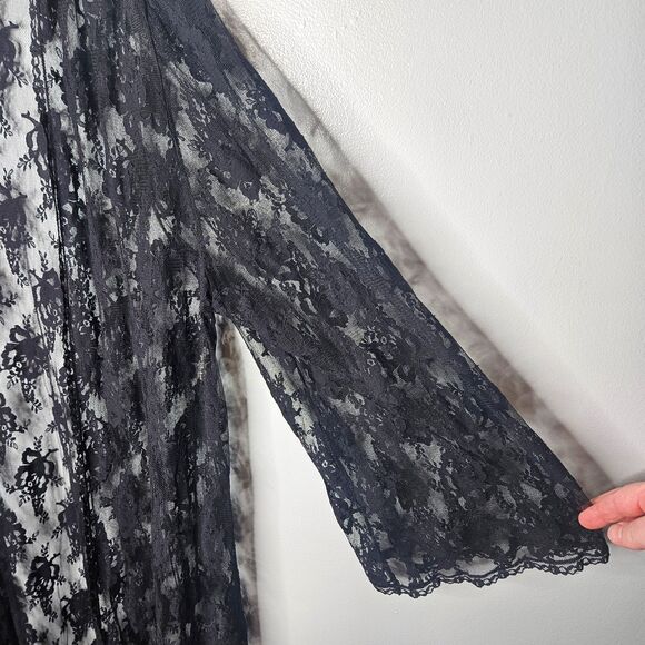 Vtg DELTA BURKE Sheer Black Lace Duster Cardigan 1X Open Robe Whimsygoth Witchy - Picture 4 of 7